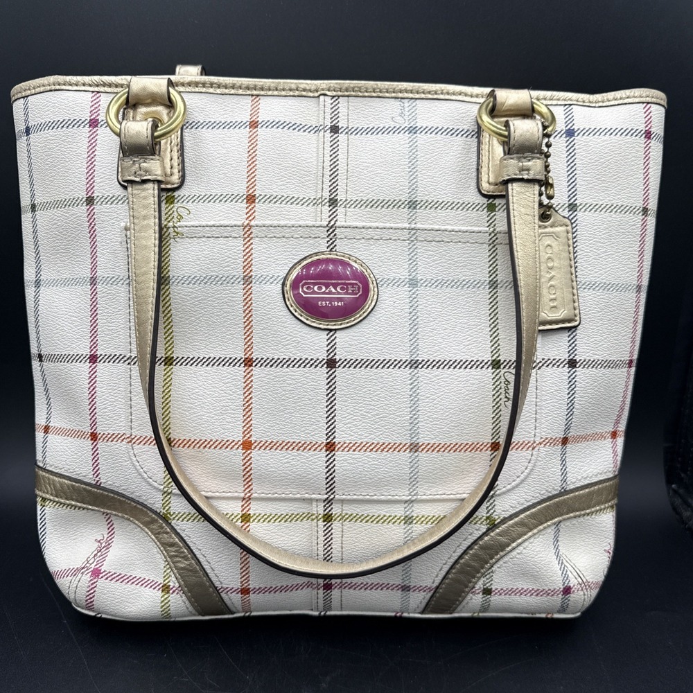 Coach Peyton Tattersall Tote Bag Womens Beige Plaid Leather Shoulder Purse EUC!